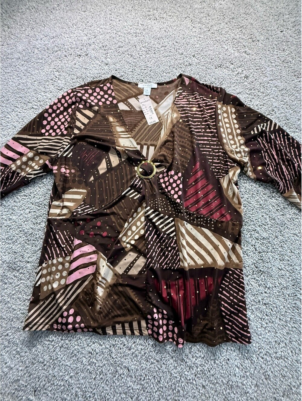 NWT Dressbarn Women’s 1X Blouse Brown Multicolored With Buckle Size 1X